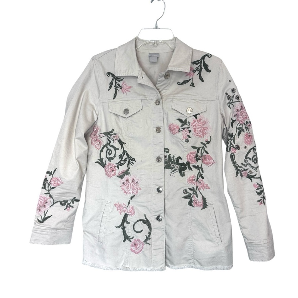 Chico’s Mid-length Frayed Denim Embroidered Cream Jacket Size 1